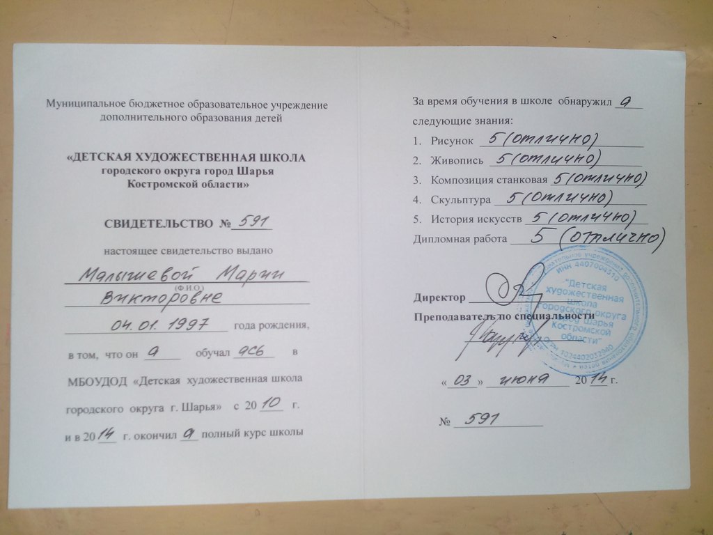 Свидетельство об окончании школы искусств государственного образца